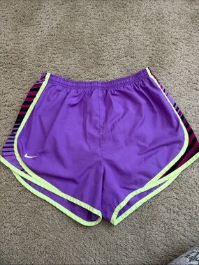 Nike Women's Purple Athletic Shorts with Neon Yellow Trim